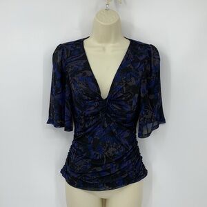 Evereve Mya twist front blouse top shirt dark floral mesh navy blue black new XS